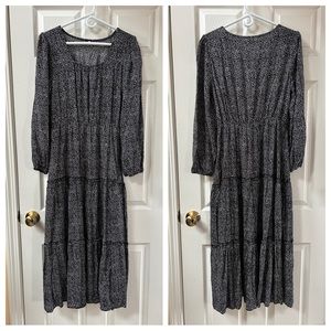 Boho Black and White Floral Tiered Maxi Dress Long Sleeve Size M